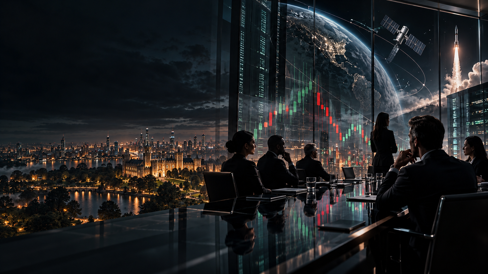 English castle estate blended with financial market imagery
