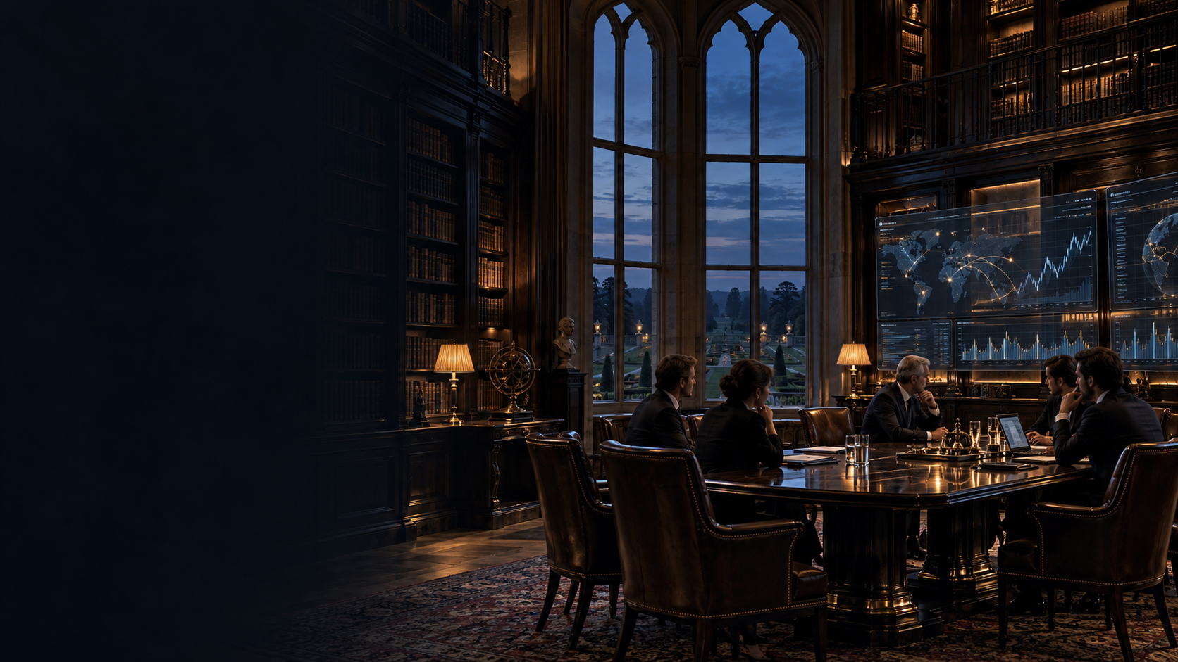 Regal English library transformed into a modern financial command room