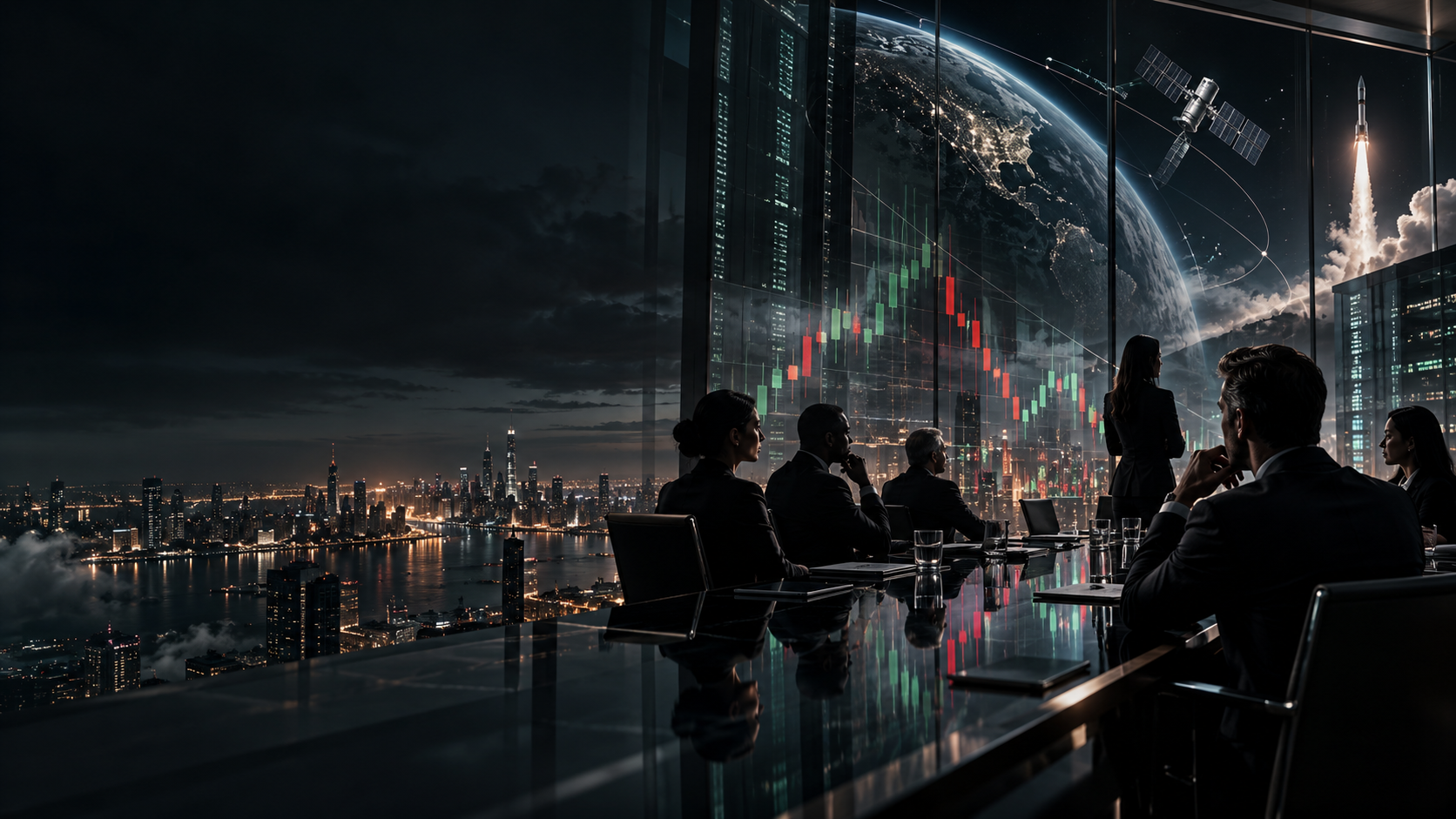 Executive board meeting overlooking global market displays
