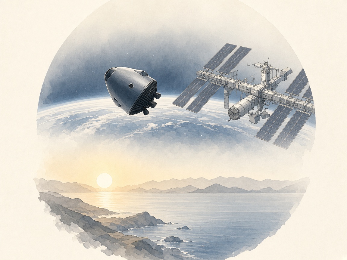 Illustration in NASA's Crew-12 undocks from the International Space Station